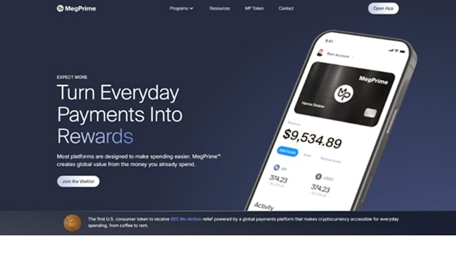 MegPrime fintech website hero featuring a mobile app interface and messaging about turning everyday payments into rewards.
