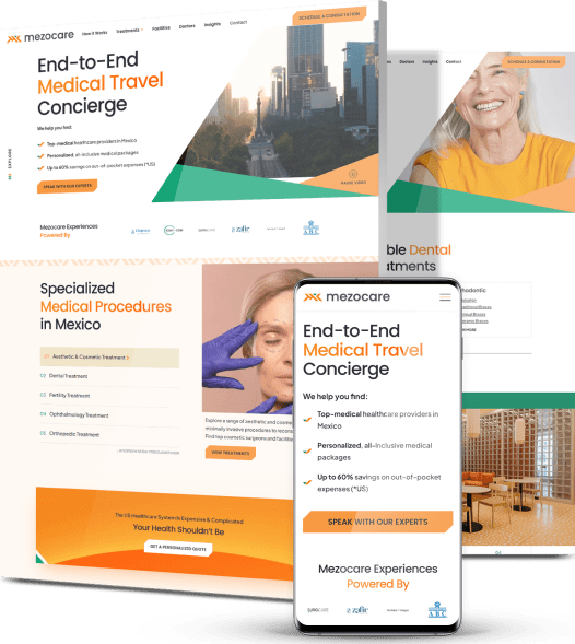 Mezocare medical travel website shown on desktop and mobile featuring healthcare services in Mexico and concierge solutions.