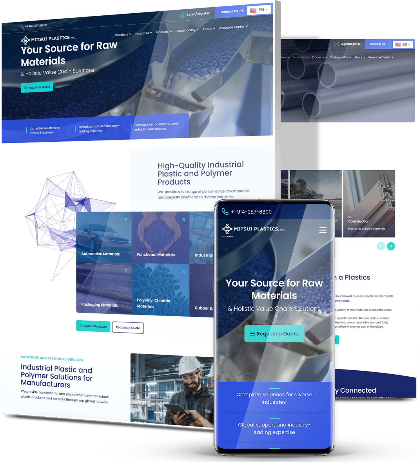 Mitsui Plastics corporate website shown on desktop and mobile, highlighting raw materials and industrial polymer solutions.