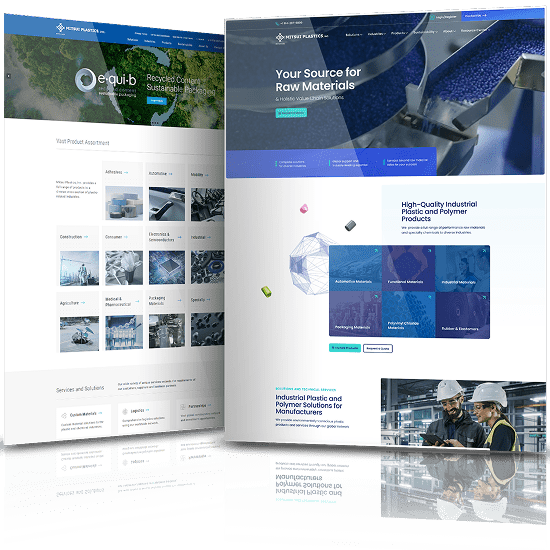 Mitsui Plastics website before and after redesign, displaying updated visuals, structured content, and modern industrial branding.
