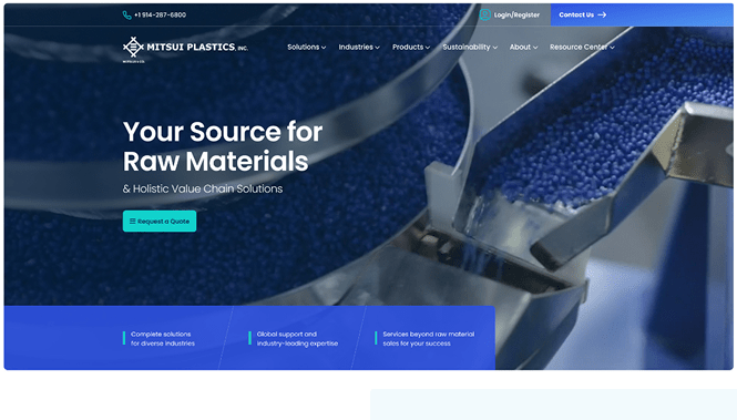 Mitsui Plastics website hero displaying raw plastic materials and industrial processing with a clean blue interface.