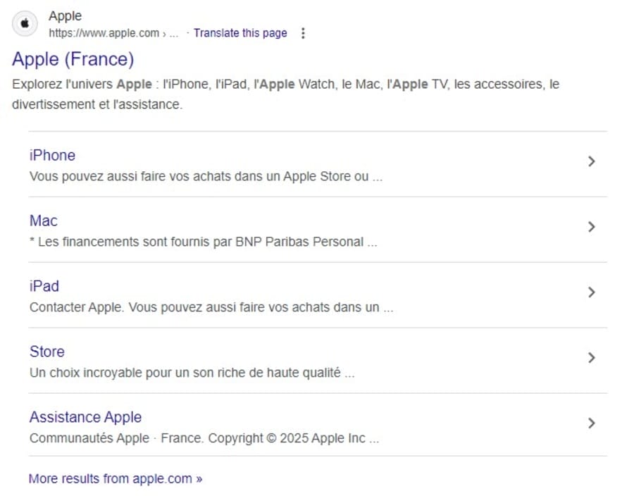 Google Search showing results for Apple France