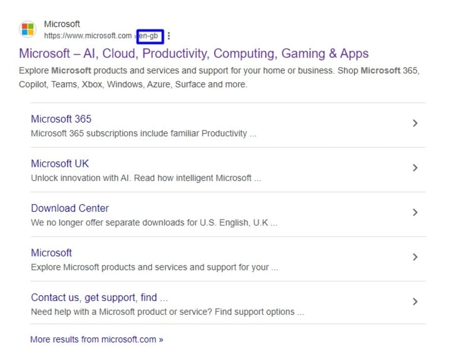 Google Search showing results for Microsoft's UK page