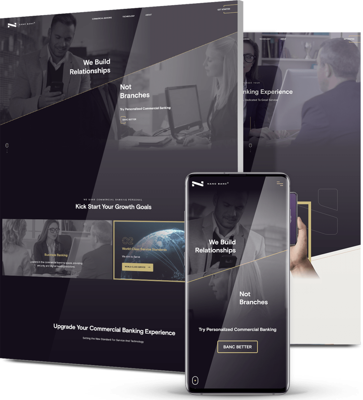 Nano Banc commercial banking website displayed across desktop and mobile devices with a sleek, dark-themed interface.