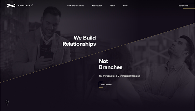 Nano Banc website hero with dark overlay and messaging focused on personalized commercial banking relationships.