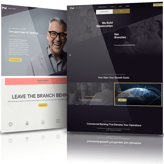 Side-by-side comparison of Nano Banc’s old and redesigned website interfaces highlighting a modernized, dark-themed layout.
