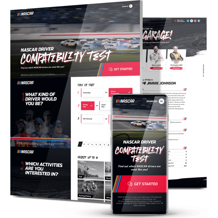 NASCAR interactive website experience on desktop and mobile featuring a driver compatibility test and racing visuals.