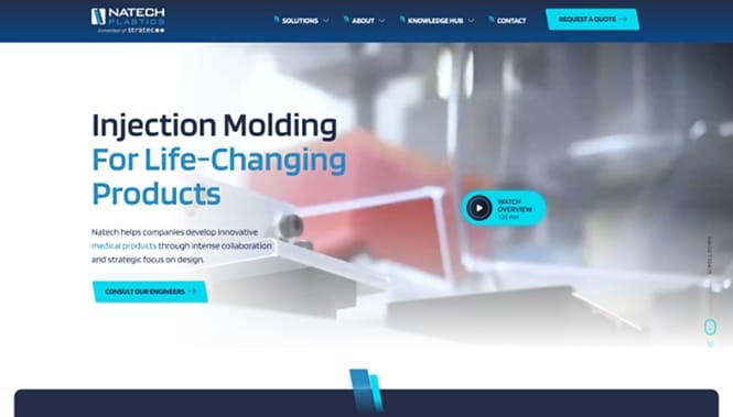 Natech Plastics website hero highlighting injection molding services with a clean, modern industrial interface.