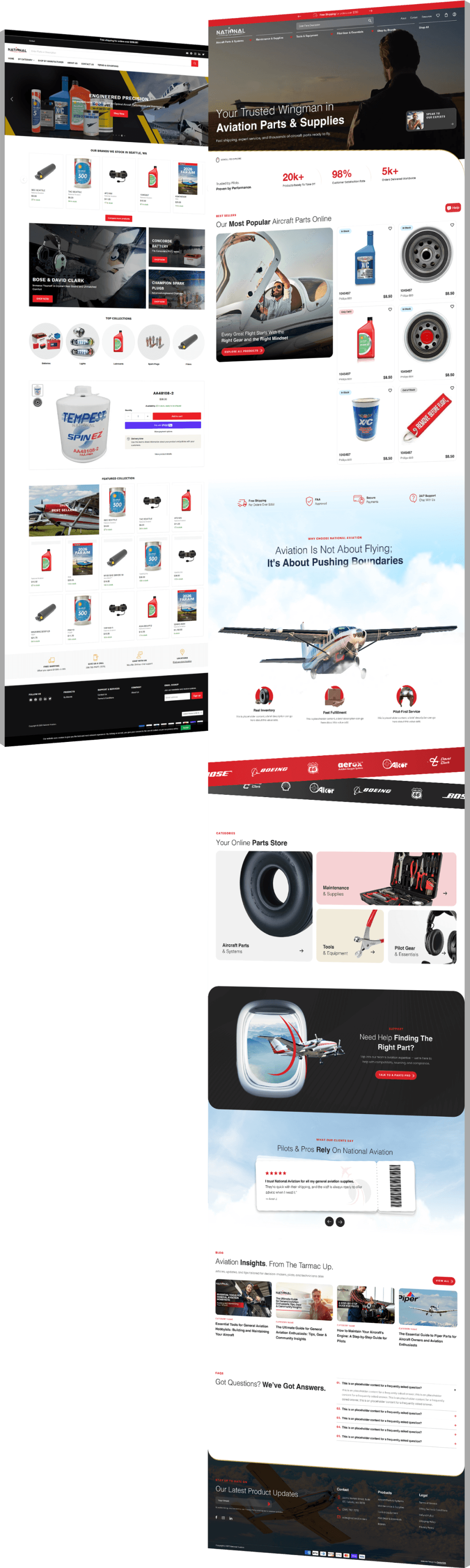 Full-length before and after comparison of National Aviation's website showing the old layout alongside the newly redesigned version