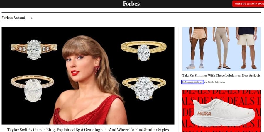 Forbes website screenshot showing Lululemon native ads
