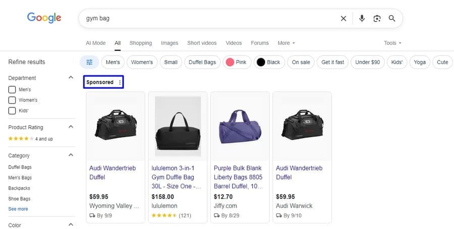 Image showing Google search for gym bag and related native ads
