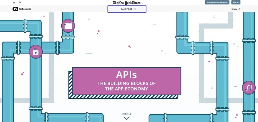  The New York Times website screenshot showing CA Technologies' native ad