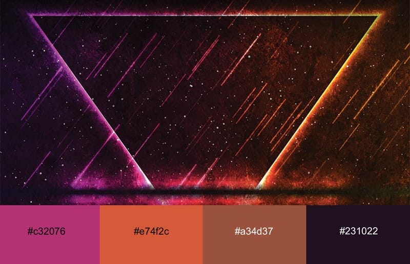 Abstract image of a triangle colored in neon orange and magenta 