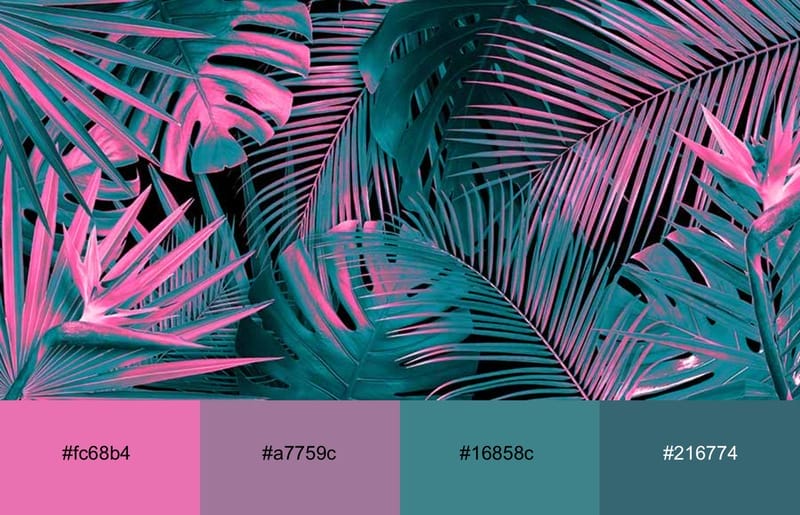 tropical leaves colored in neon pink and teal