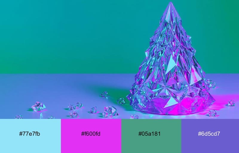 Abstract image of a crystal decoration colored in neon pink, lilac, teal and mint