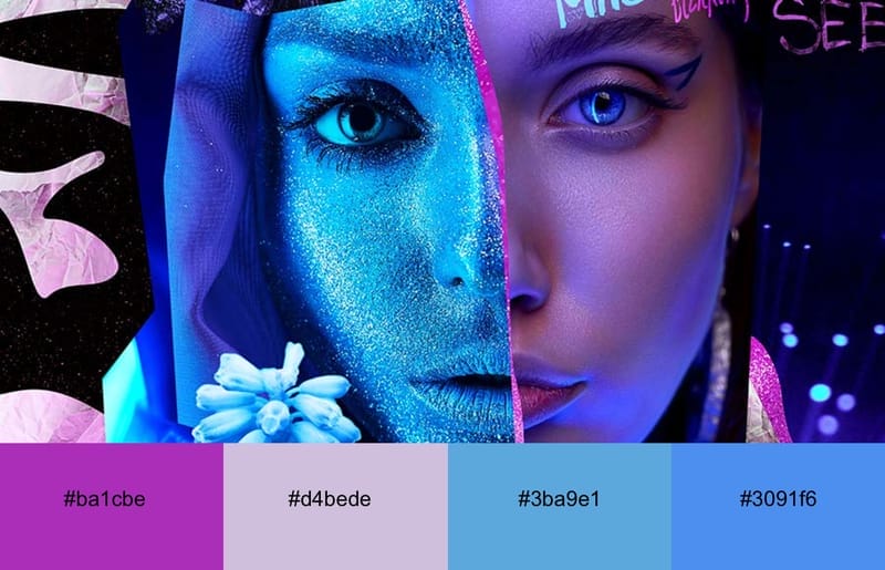Girl's face with neon purple and blue light cast over it 