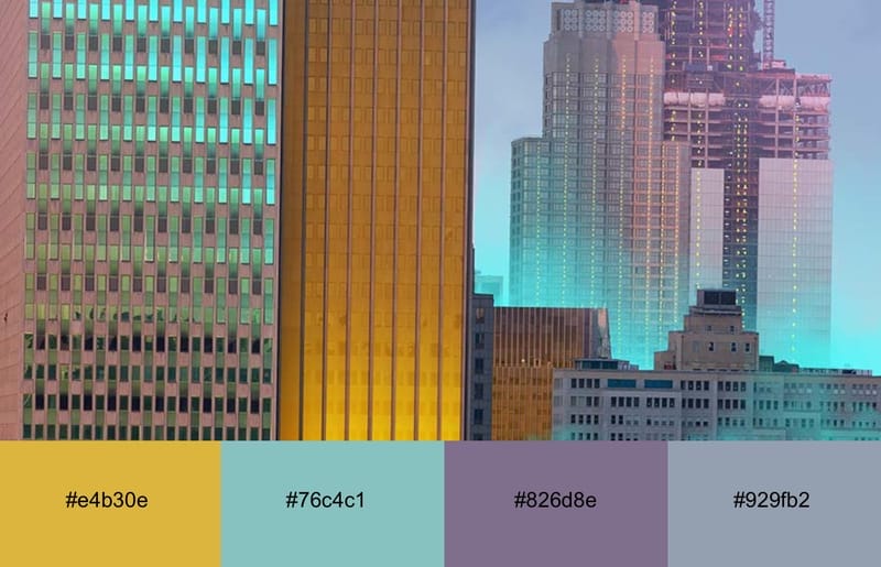 skyscrapers colored in neon cyan and yellow