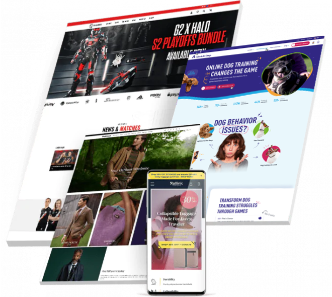 Ecommerce website design examples showcasing multiple brands including gaming, pet products, and retail with responsive layouts.