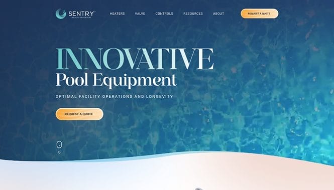 Pool equipment website homepage with water-textured background and headline promoting innovative solutions