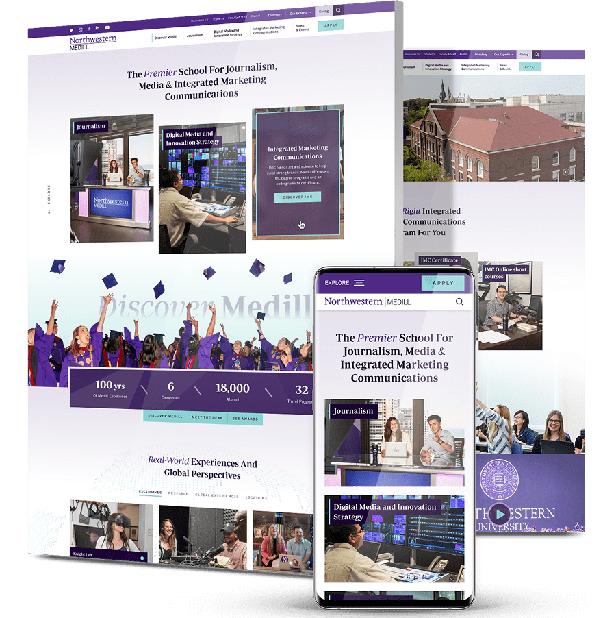University website homepage with campus imagery and students, showcasing academic excellence and research opportunities