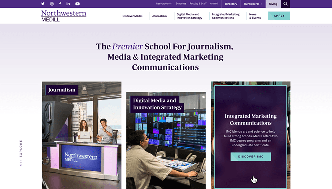 University program website highlighting journalism and marketing communications with academic program sections