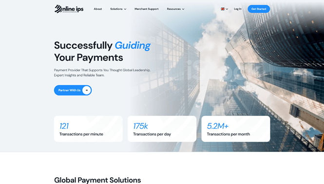 Online IPS website hero with cityscape background and key metrics showcasing global payment processing capabilities.