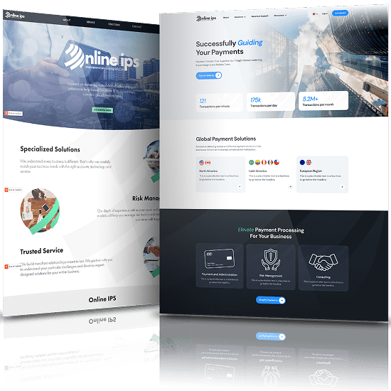 Before and after views of the Online IPS website redesign featuring improved layout, cleaner visuals, and enhanced payment solutions presentation.