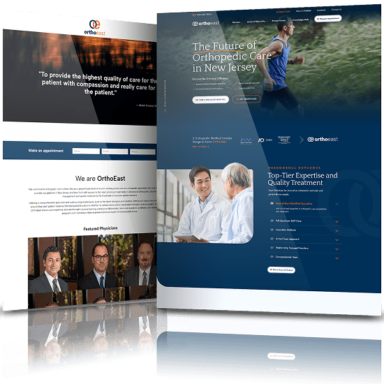 Comparison of OrthoEast’s previous and updated website designs with enhanced visuals and clearer presentation of orthopedic services.