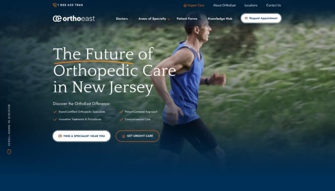 OrthoEast website hero section featuring a runner and messaging about orthopedic care services in New Jersey.