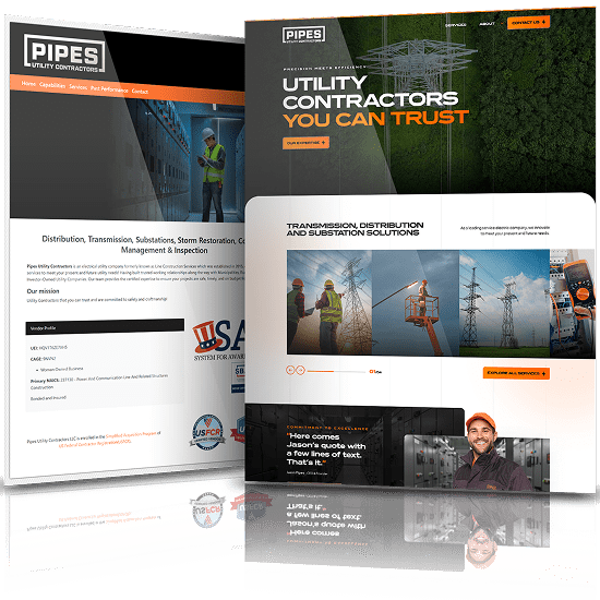 Before and after redesign of Pipes utility contractors website with enhanced visuals, branding, and service-focused user experience