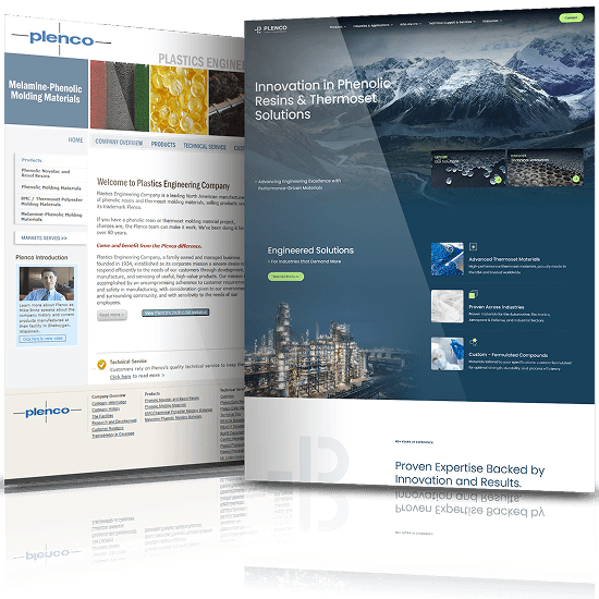 Plenco website before and after redesign showing enhanced layout, modern visuals, and improved presentation of industrial materials.