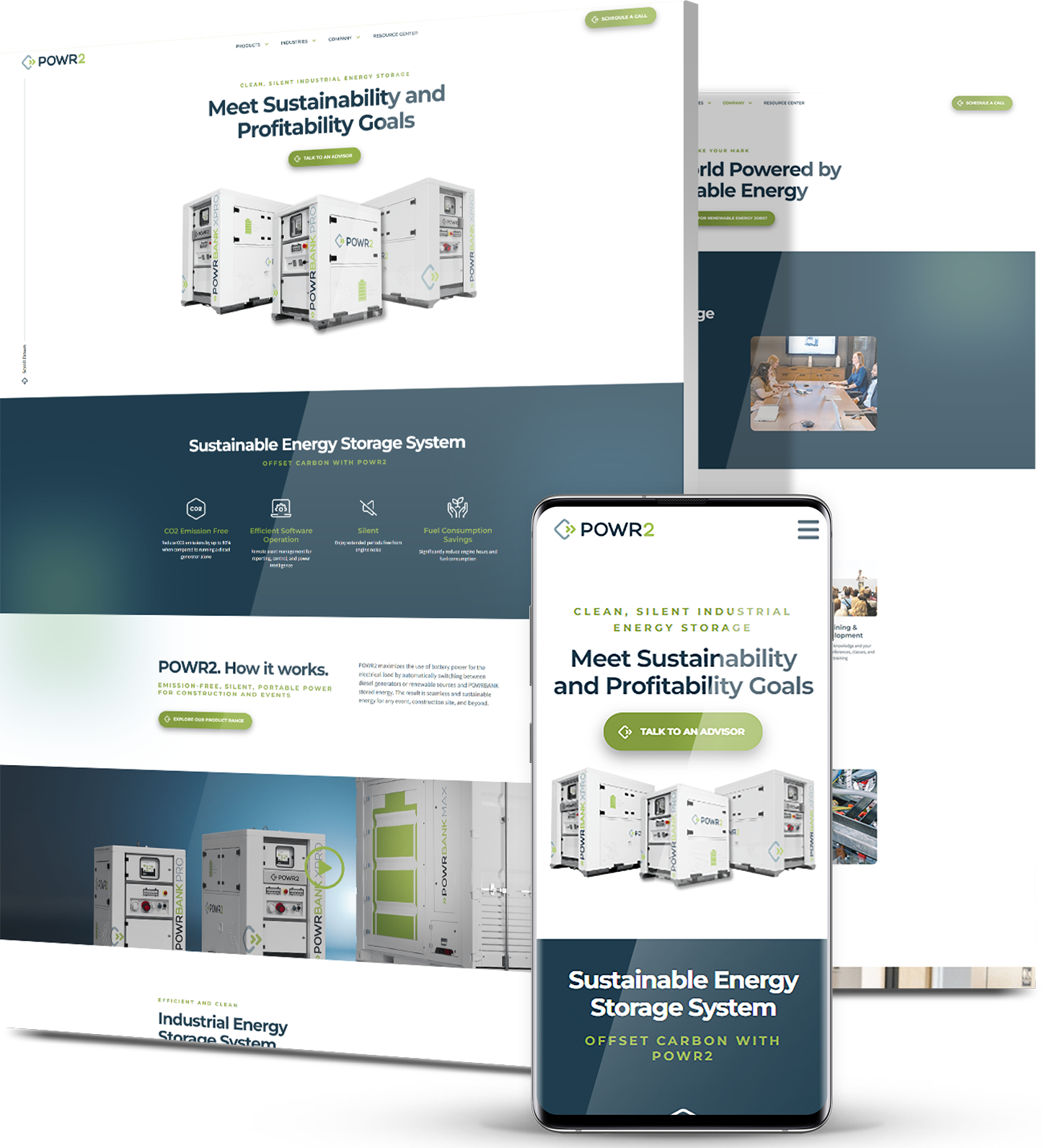 POWR2 website design displaying industrial energy storage systems with sustainability-focused messaging and mobile optimization
