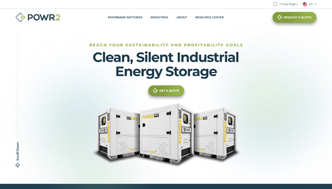 POWR2 website showcasing clean and silent industrial energy storage units designed for sustainability and efficiency