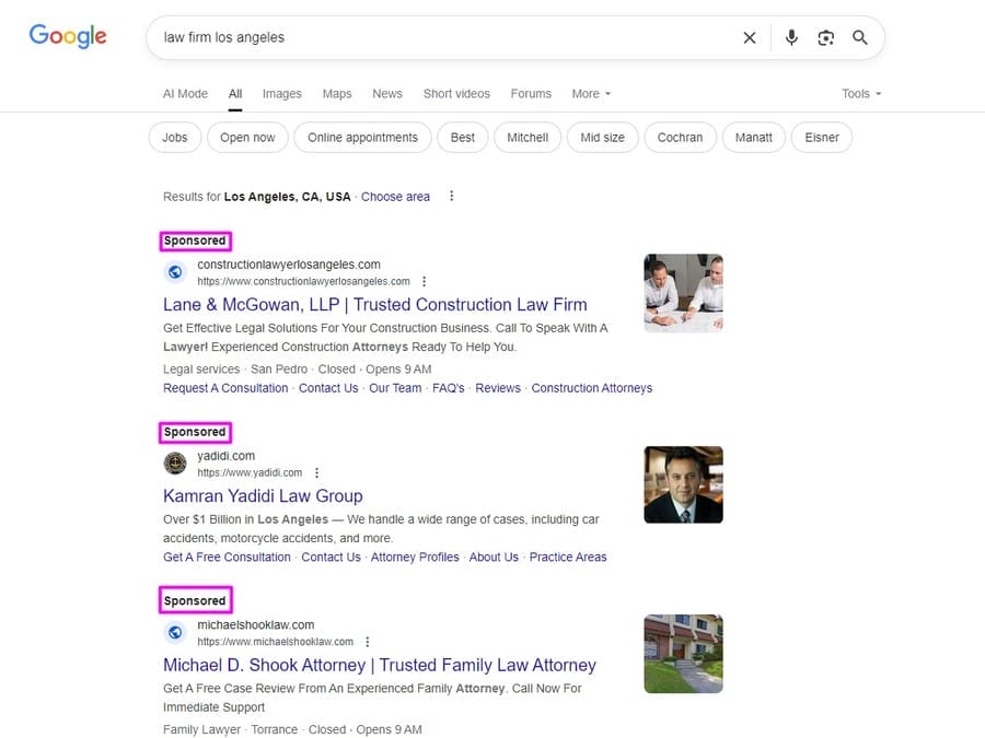 Google Search showing results for "law firm Los Angeles"