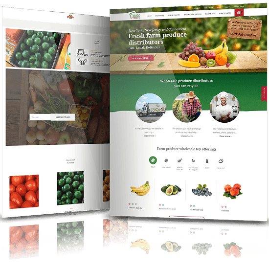 Before and after ecommerce website design for Fresco showcasing fresh produce distributor platform with improved layout and visuals.