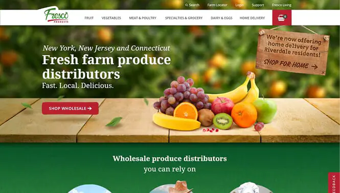Ecommerce website homepage for Fresco featuring fresh farm produce with vibrant imagery and wholesale distribution focus.