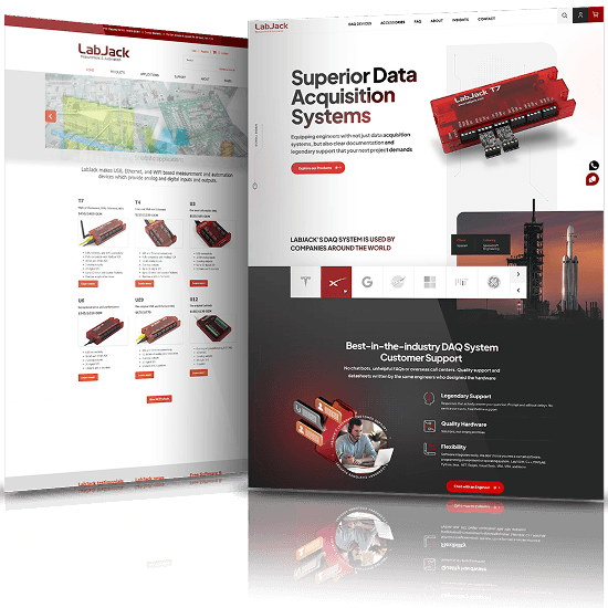 Before and after website design for LabJack highlighting upgraded interface for data acquisition systems and industrial products.
