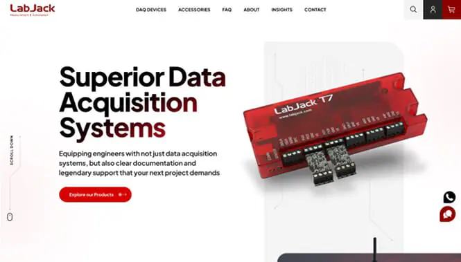 Product website homepage for LabJack featuring data acquisition systems with a modern, technical interface.