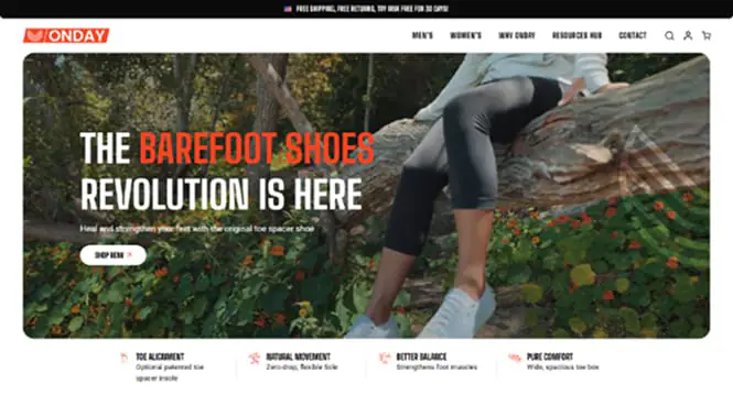Ecommerce website homepage for ONDAY Shoes highlighting barefoot footwear with bold messaging and outdoor visuals.