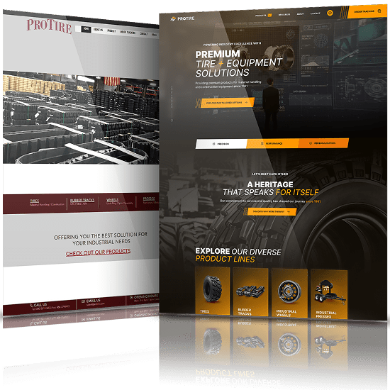 Before and after website redesign for ProTire highlighting upgrade to a sleek, modern tire and industrial equipment platform.