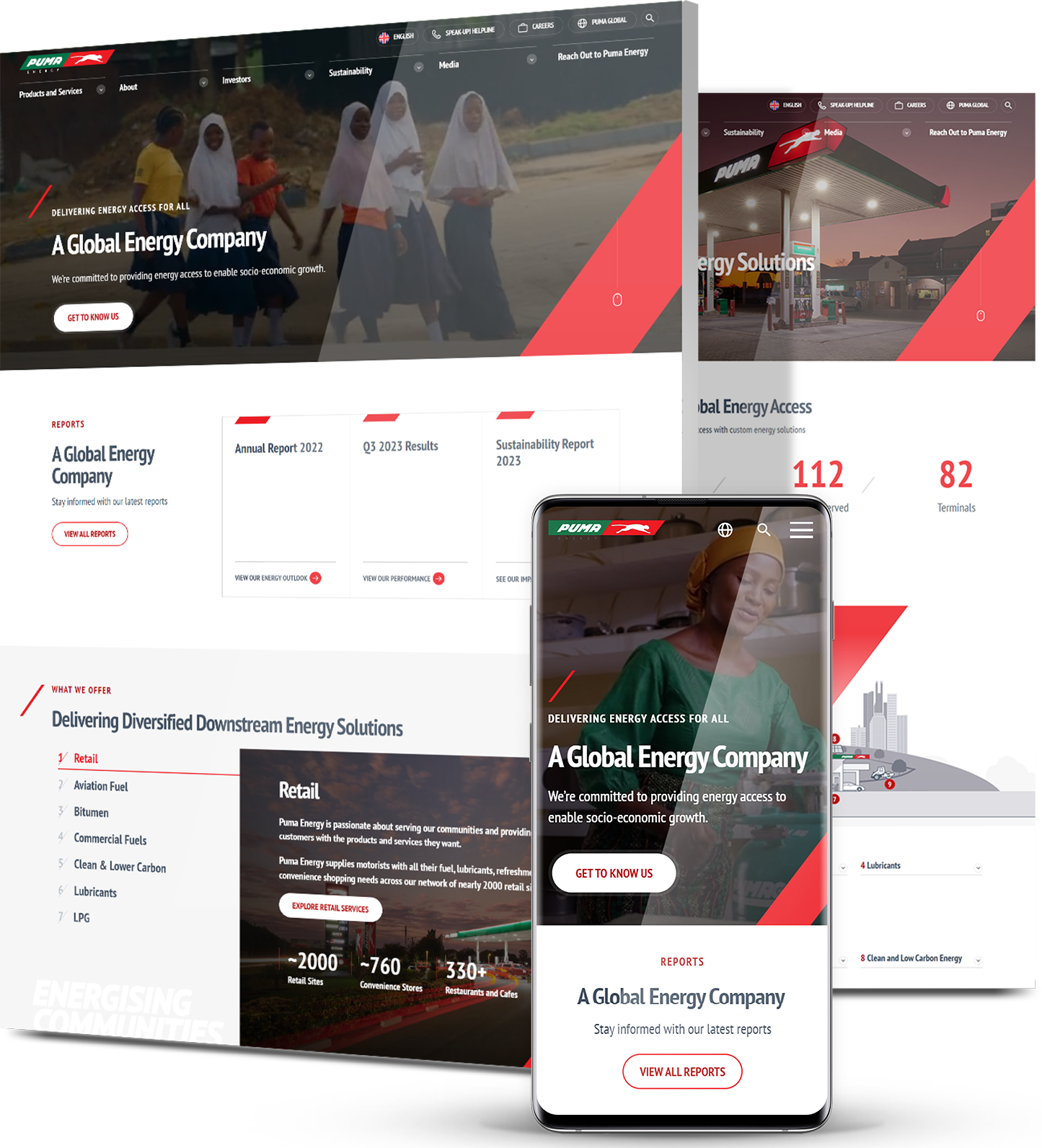 Puma Energy corporate website design featuring global energy services, reports, and downstream solutions across desktop and mobile