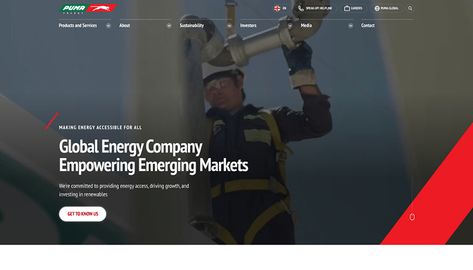 Puma Energy website hero showing technician with messaging about global energy access and emerging markets