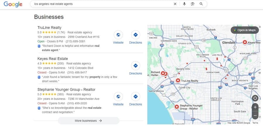 Google Search image showing results for “Los Angeles real estate agents” 