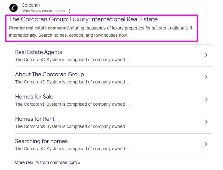 Google Search image showing metadata for The Corcoran Group