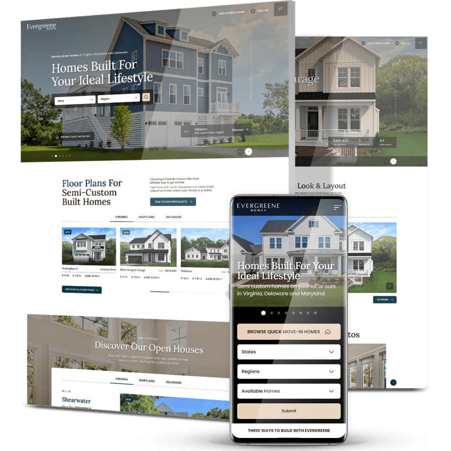 Evergreene Homes' website design on desktop and mobile