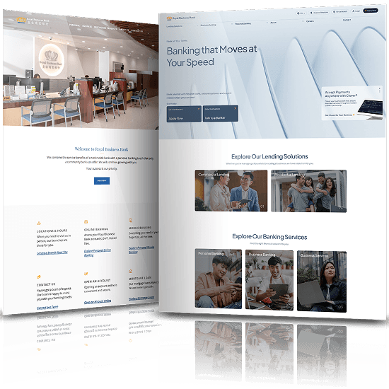 Before and after views of Royal Business Bank’s website redesign featuring a more contemporary layout and improved navigation.