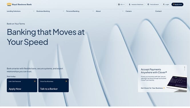 Royal Business Bank website hero with minimalist design and messaging about fast, flexible banking solutions.