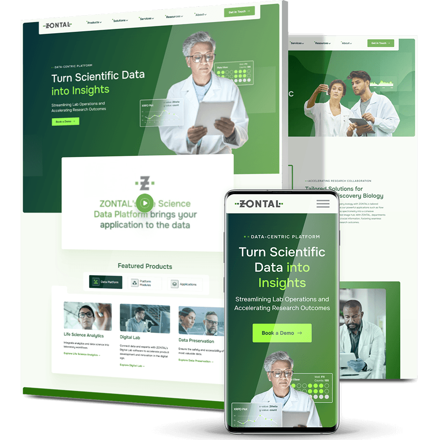 Desktop and mobile mockups of the Zontal website showing the homepage hero with a scientist and data overlay, a featured products grid for life science analytics, digital lab and data preservation, a Discovery Biology solutions page and a mobile view with a Book a Demo call-to-action