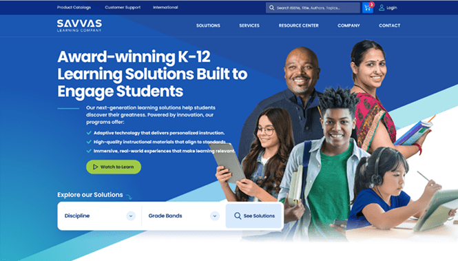 K-12 education website with diverse students and educators promoting digital learning solutions and resources