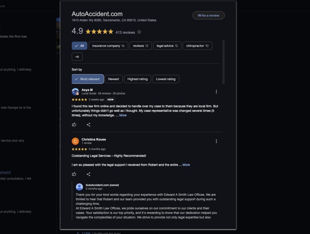AutoAccident Law Offices of Edward A. Smith Google reviews screenshot